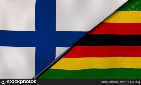 Two states flags of Finland and Zimbabwe. High quality business background. 3d illustration. The flags of Finland and Zimbabwe. News, reportage, business background. 3d illustration