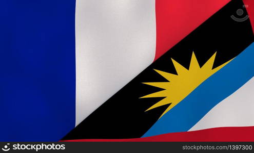 Two states flags of France and Antigua and Barbuda. High quality business background. 3d illustration. The flags of France and Antigua and Barbuda. News, reportage, business background. 3d illustration