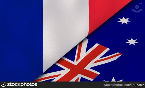 Two states flags of France and Australia. High quality business background. 3d illustration. The flags of France and Australia. News, reportage, business background. 3d illustration