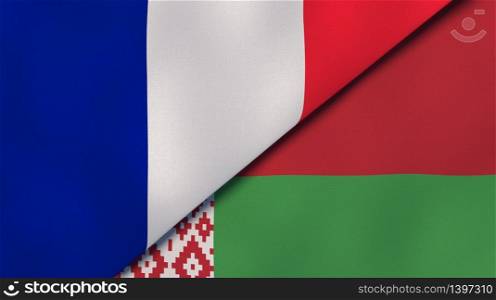 Two states flags of France and Belarus. High quality business background. 3d illustration. The flags of France and Belarus. News, reportage, business background. 3d illustration