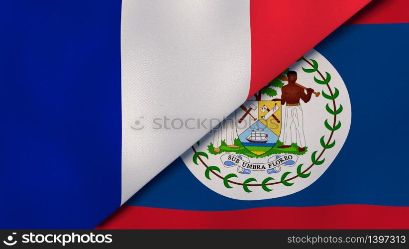 Two states flags of France and Belize. High quality business background. 3d illustration. The flags of France and Belize. News, reportage, business background. 3d illustration