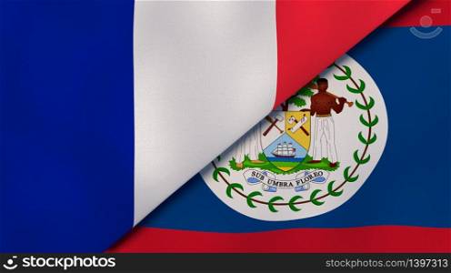 Two states flags of France and Belize. High quality business background. 3d illustration. The flags of France and Belize. News, reportage, business background. 3d illustration