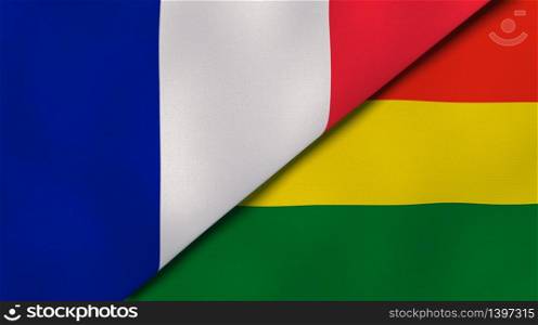 Two states flags of France and Bolivia. High quality business background. 3d illustration. The flags of France and Bolivia. News, reportage, business background. 3d illustration