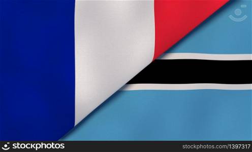 Two states flags of France and Botswana. High quality business background. 3d illustration. The flags of France and Botswana. News, reportage, business background. 3d illustration