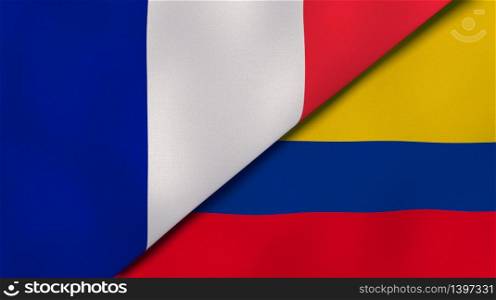Two states flags of France and Colombia. High quality business background. 3d illustration. The flags of France and Colombia. News, reportage, business background. 3d illustration