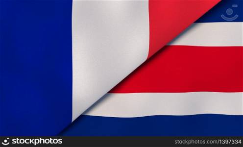Two states flags of France and Costa Rica. High quality business background. 3d illustration. The flags of France and Costa Rica. News, reportage, business background. 3d illustration