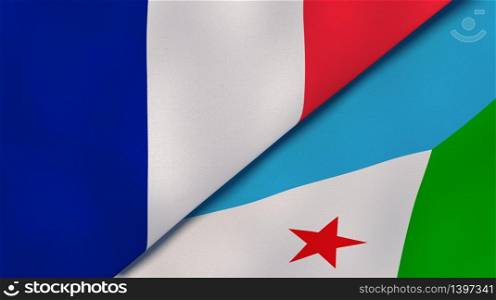 Two states flags of France and Djibouti. High quality business background. 3d illustration. The flags of France and Djibouti. News, reportage, business background. 3d illustration