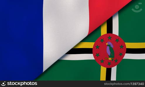 Two states flags of France and Dominica. High quality business background. 3d illustration. The flags of France and Dominica. News, reportage, business background. 3d illustration