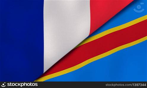 Two states flags of France and DR Congo. High quality business background. 3d illustration. The flags of France and DR Congo. News, reportage, business background. 3d illustration