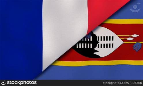 Two states flags of France and Eswatini. High quality business background. 3d illustration. The flags of France and Eswatini. News, reportage, business background. 3d illustration