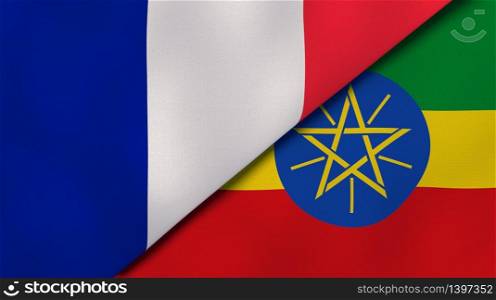 Two states flags of France and Ethiopia. High quality business background. 3d illustration. The flags of France and Ethiopia. News, reportage, business background. 3d illustration