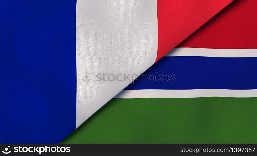 Two states flags of France and Gambia. High quality business background. 3d illustration. The flags of France and Gambia. News, reportage, business background. 3d illustration