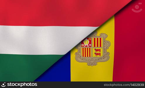 Two states flags of Hungary and Andorra. High quality business background. 3d illustration. The flags of Hungary and Andorra. News, reportage, business background. 3d illustration