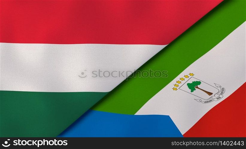 Two states flags of Hungary and Equatorial Guinea. High quality business background. 3d illustration. The flags of Hungary and Equatorial Guinea. News, reportage, business background. 3d illustration
