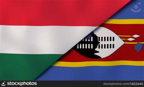 Two states flags of Hungary and Eswatini. High quality business background. 3d illustration. The flags of Hungary and Eswatini. News, reportage, business background. 3d illustration