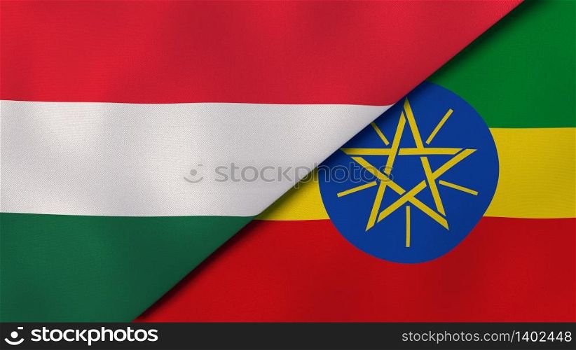 Two states flags of Hungary and Ethiopia. High quality business background. 3d illustration. The flags of Hungary and Ethiopia. News, reportage, business background. 3d illustration