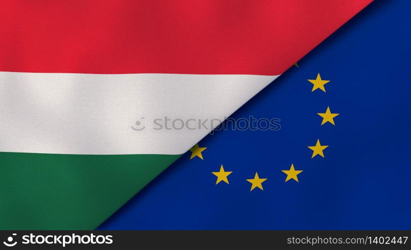 Two states flags of Hungary and European Union. High quality business background. 3d illustration. The flags of Hungary and European Union. News, reportage, business background. 3d illustration