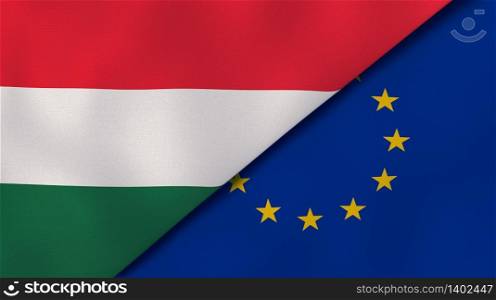 Two states flags of Hungary and European Union. High quality business background. 3d illustration. The flags of Hungary and European Union. News, reportage, business background. 3d illustration