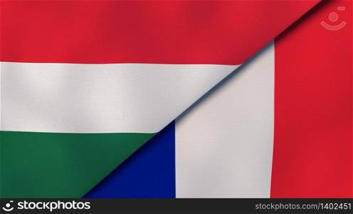 Two states flags of Hungary and France. High quality business background. 3d illustration. The flags of Hungary and France. News, reportage, business background. 3d illustration