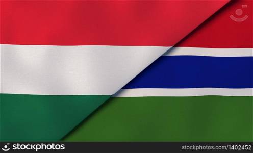 Two states flags of Hungary and Gambia. High quality business background. 3d illustration. The flags of Hungary and Gambia. News, reportage, business background. 3d illustration