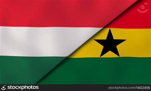 Two states flags of Hungary and Ghana. High quality business background. 3d illustration. The flags of Hungary and Ghana. News, reportage, business background. 3d illustration