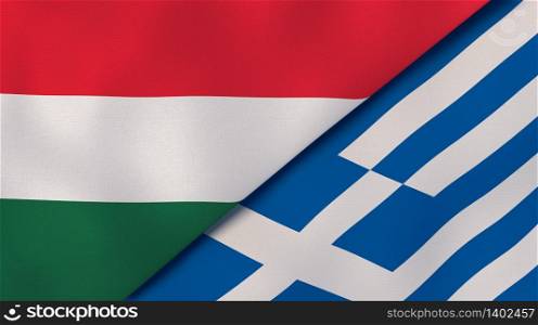 Two states flags of Hungary and Greece. High quality business background. 3d illustration. The flags of Hungary and Greece. News, reportage, business background. 3d illustration