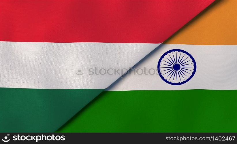 Two states flags of Hungary and India. High quality business background. 3d illustration. The flags of Hungary and India. News, reportage, business background. 3d illustration