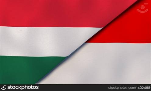 Two states flags of Hungary and Indonesia. High quality business background. 3d illustration. The flags of Hungary and Indonesia. News, reportage, business background. 3d illustration
