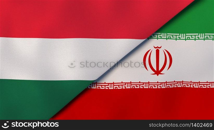 Two states flags of Hungary and Iran. High quality business background. 3d illustration. The flags of Hungary and Iran. News, reportage, business background. 3d illustration