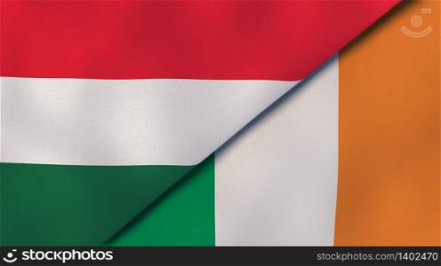 Two states flags of Hungary and Ireland. High quality business background. 3d illustration. The flags of Hungary and Ireland. News, reportage, business background. 3d illustration