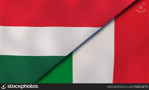 Two states flags of Hungary and Italy. High quality business background. 3d illustration. The flags of Hungary and Italy. News, reportage, business background. 3d illustration