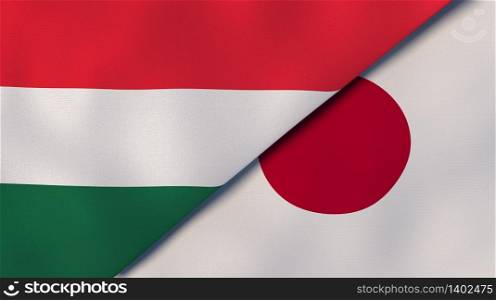 Two states flags of Hungary and Japan. High quality business background. 3d illustration. The flags of Hungary and Japan. News, reportage, business background. 3d illustration