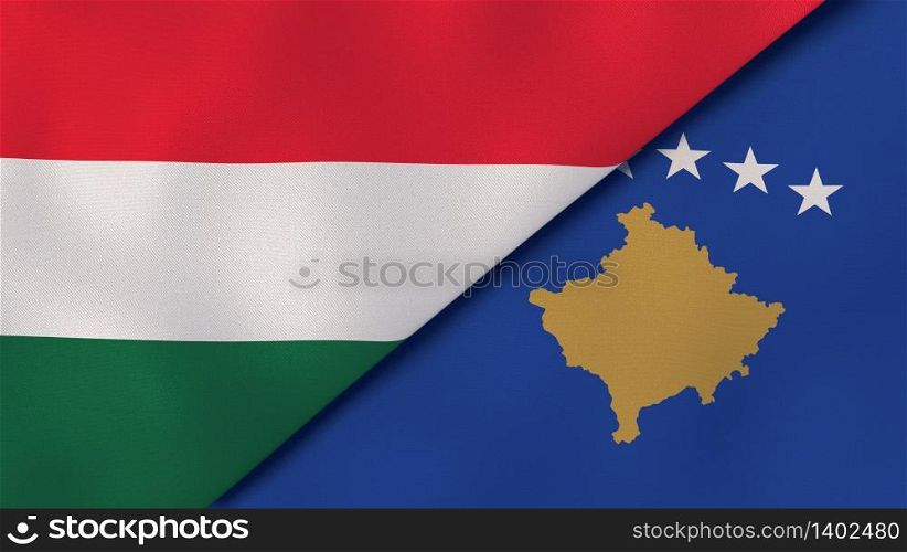 Two states flags of Hungary and Kosovo. High quality business background. 3d illustration. The flags of Hungary and Kosovo. News, reportage, business background. 3d illustration