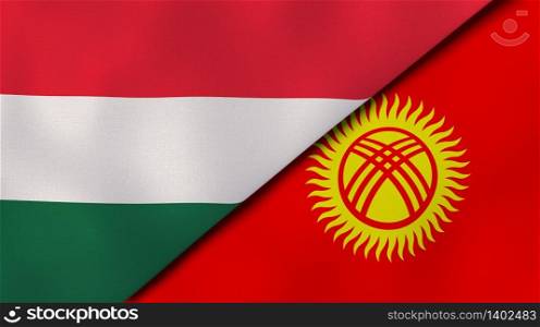 Two states flags of Hungary and Kyrgyzstan. High quality business background. 3d illustration. The flags of Hungary and Kyrgyzstan. News, reportage, business background. 3d illustration