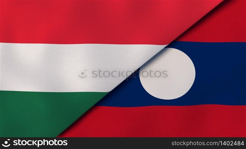 Two states flags of Hungary and Laos. High quality business background. 3d illustration. The flags of Hungary and Laos. News, reportage, business background. 3d illustration