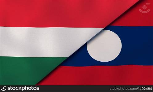 Two states flags of Hungary and Laos. High quality business background. 3d illustration. The flags of Hungary and Laos. News, reportage, business background. 3d illustration