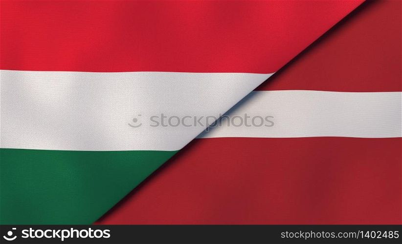 Two states flags of Hungary and Latvia. High quality business background. 3d illustration. The flags of Hungary and Latvia. News, reportage, business background. 3d illustration