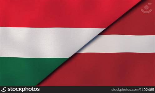 Two states flags of Hungary and Latvia. High quality business background. 3d illustration. The flags of Hungary and Latvia. News, reportage, business background. 3d illustration