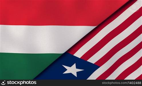 Two states flags of Hungary and Liberia. High quality business background. 3d illustration. The flags of Hungary and Liberia. News, reportage, business background. 3d illustration