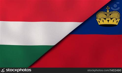 Two states flags of Hungary and Liechtenstein. High quality business background. 3d illustration. The flags of Hungary and Liechtenstein. News, reportage, business background. 3d illustration