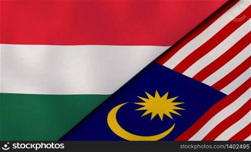 Two states flags of Hungary and Malaysia. High quality business background. 3d illustration. The flags of Hungary and Malaysia. News, reportage, business background. 3d illustration