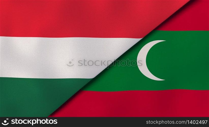 Two states flags of Hungary and Maldives. High quality business background. 3d illustration. The flags of Hungary and Maldives. News, reportage, business background. 3d illustration