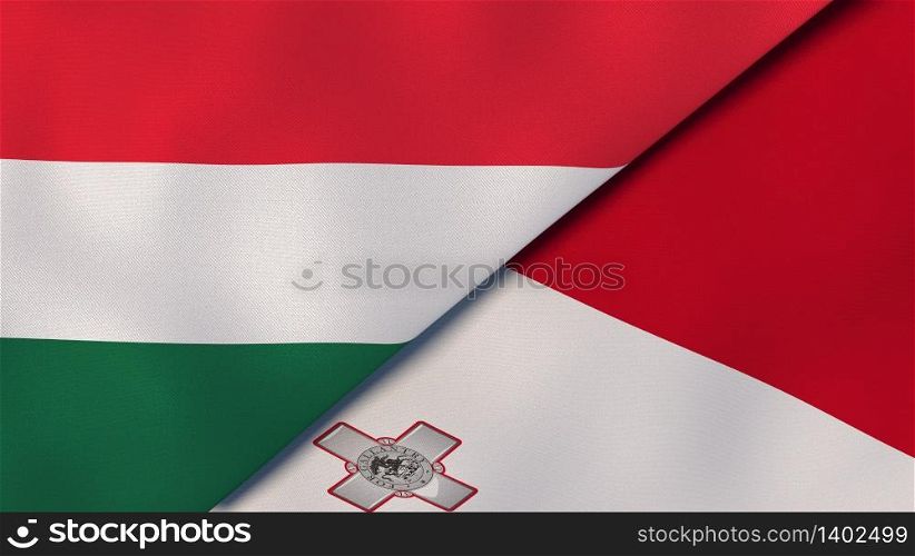 Two states flags of Hungary and Malta. High quality business background. 3d illustration. The flags of Hungary and Malta. News, reportage, business background. 3d illustration
