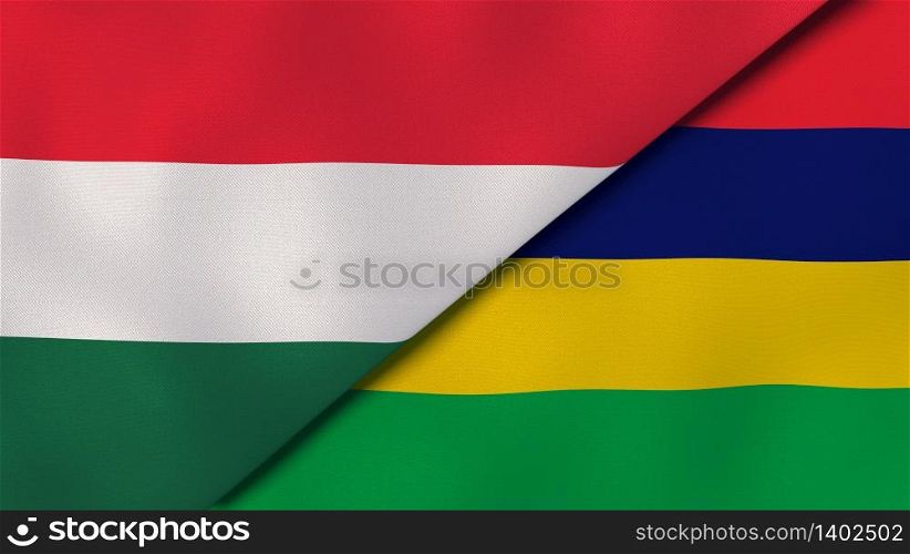 Two states flags of Hungary and Mauritius. High quality business background. 3d illustration. The flags of Hungary and Mauritius. News, reportage, business background. 3d illustration