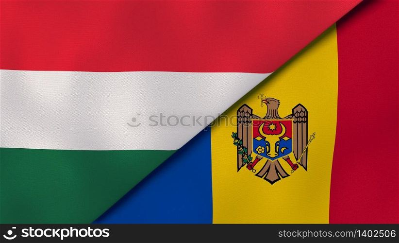 Two states flags of Hungary and Moldova. High quality business background. 3d illustration. The flags of Hungary and Moldova. News, reportage, business background. 3d illustration