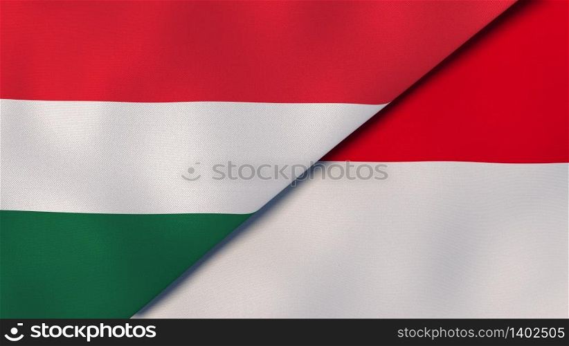 Two states flags of Hungary and Monaco. High quality business background. 3d illustration. The flags of Hungary and Monaco. News, reportage, business background. 3d illustration