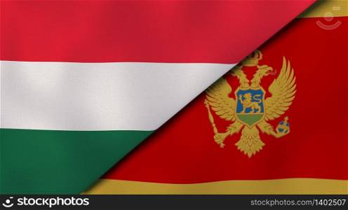Two states flags of Hungary and Montenegro. High quality business background. 3d illustration. The flags of Hungary and Montenegro. News, reportage, business background. 3d illustration