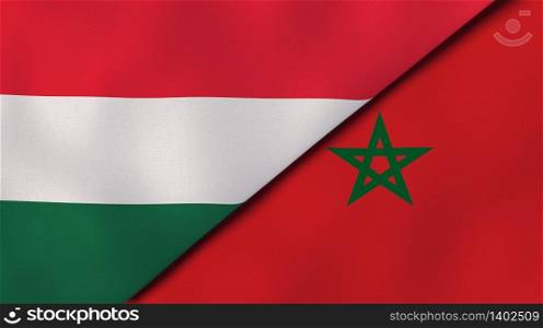 Two states flags of Hungary and Morocco. High quality business background. 3d illustration. The flags of Hungary and Morocco. News, reportage, business background. 3d illustration