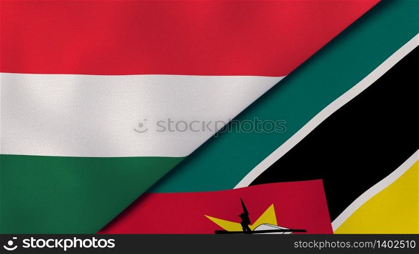 Two states flags of Hungary and Mozambique. High quality business background. 3d illustration. The flags of Hungary and Mozambique. News, reportage, business background. 3d illustration