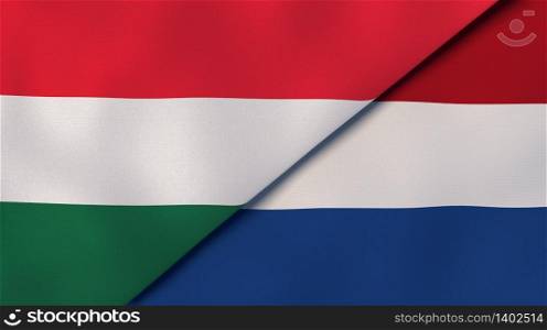 Two states flags of Hungary and Netherlands. High quality business background. 3d illustration. The flags of Hungary and Netherlands. News, reportage, business background. 3d illustration